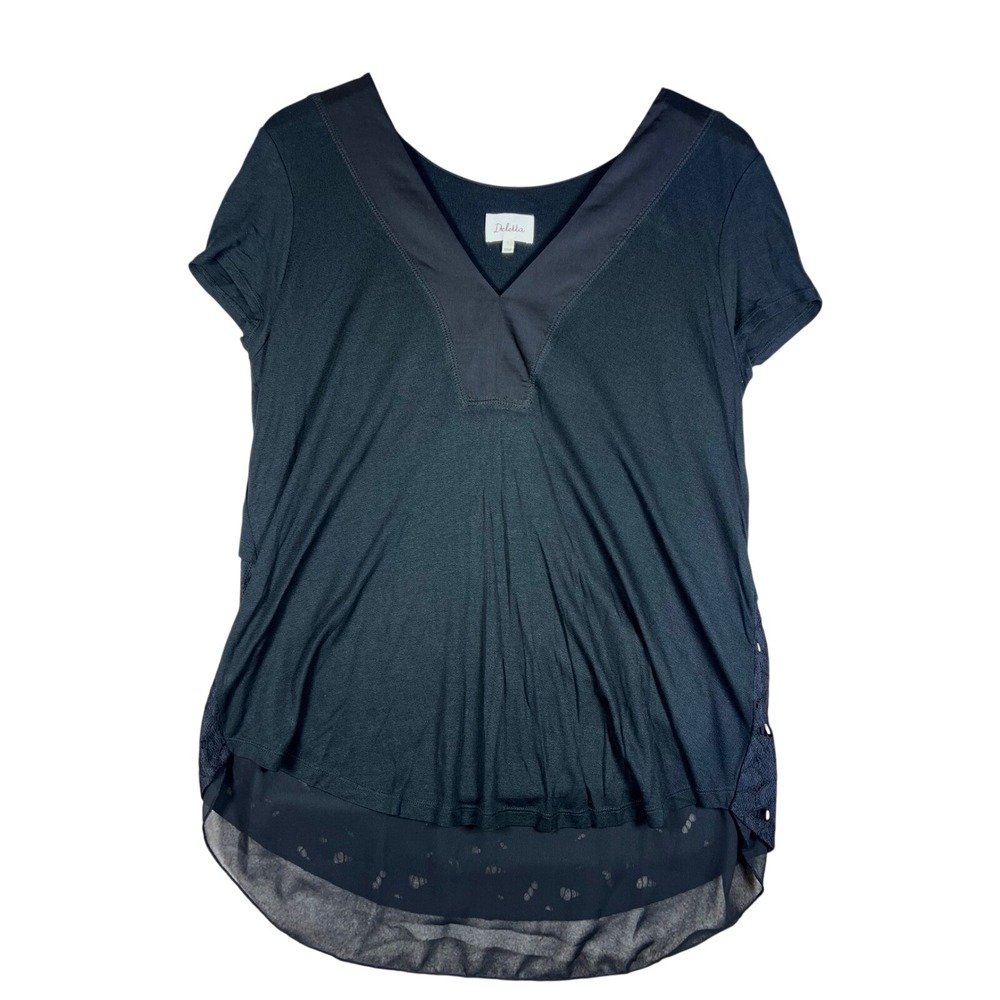 Deletta Anthropologie Black Lace Back Mixed Media V-Neck Top Large Whimsigoth